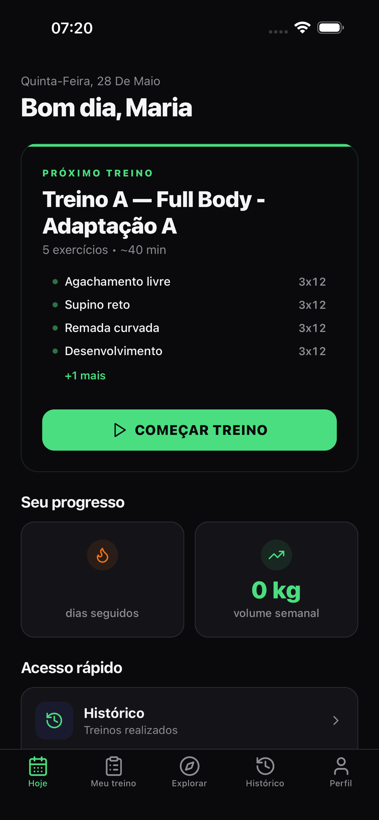 Tela Hoje do app Dufit mostrando o próximo treino do aluno e o botão Começar treino