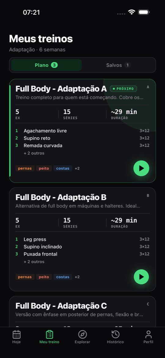 Tela Meu treino do aluno mostrando o plano com os treinos da semana