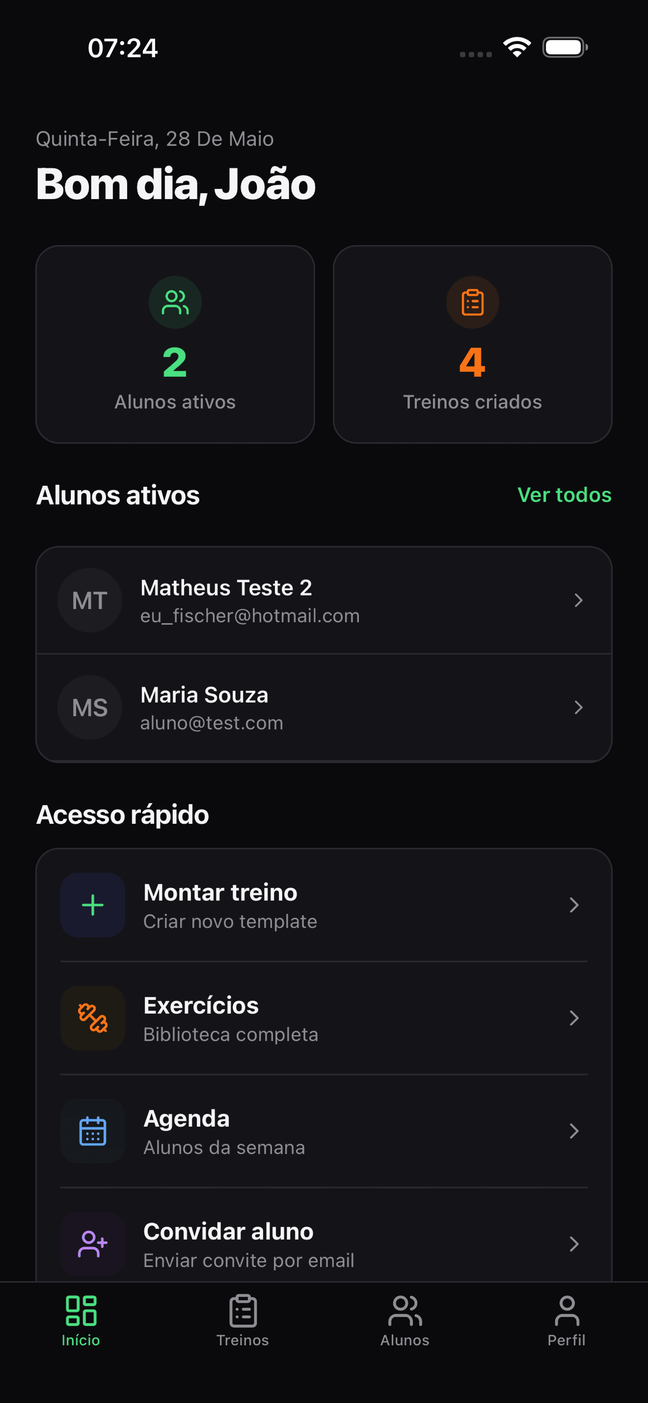 Tela inicial do personal com agenda do dia, alunos ativos e treinos criados